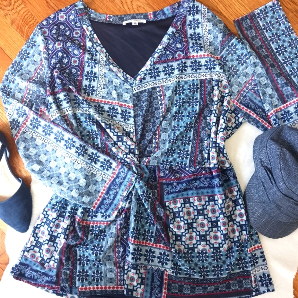 Daily Thread • Women's Plus Size Boho Patchwork Long Sleeve V-Neck Blouse